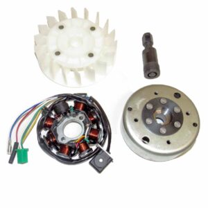 ScootsUSA Select - GY6 150cc 8 Pole Stator Magneto, Flywheel, Flwheel Puller Tool & Cooling Fan for a Variety of Scooters, Go Karts & ATV's with the GY6-150 Engine Stator Dimensions 8 Coils 3 Pin in