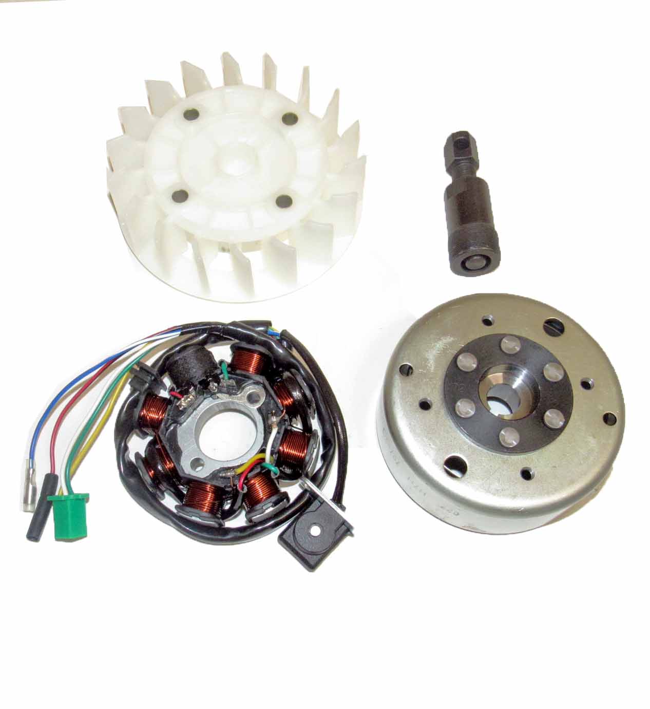 ScootsUSA Select - GY6 150cc 8 Pole Stator Magneto, Flywheel, Flwheel Puller Tool & Cooling Fan for a Variety of Scooters, Go Karts & ATV's with the GY6-150 Engine Stator Dimensions 8 Coils 3 Pin in