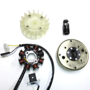ScootsUSA Select - GY6 50cc 8 Pole Stator Magneto, Flywheel, Flwheel Puller Tool & Cooling Fan for a Variety of GY6-50cc Scooters Stator Dimensions 8 Coils 2 Pin in 3 Pin Jack + 2 Wires Pickup Coil