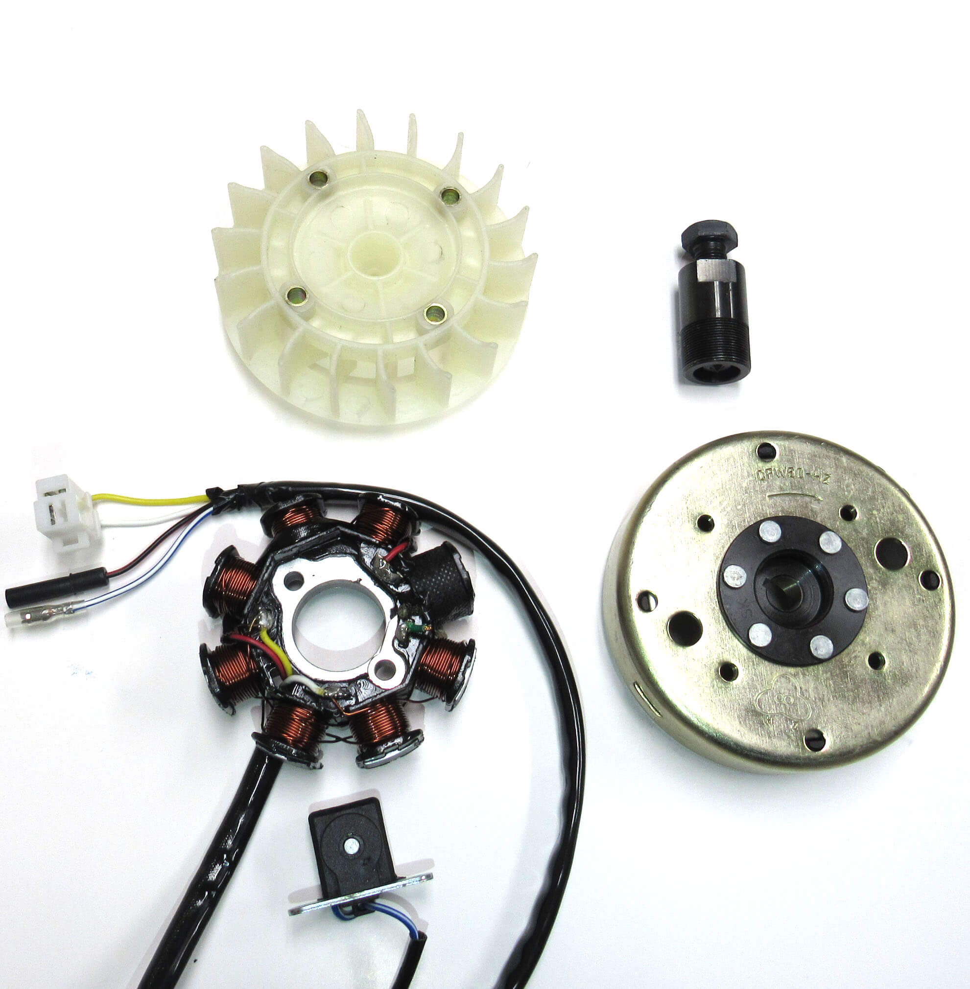 ScootsUSA Select - GY6 50cc 8 Pole Stator Magneto, Flywheel, Flwheel Puller Tool & Cooling Fan for a Variety of GY6-50cc Scooters Stator Dimensions 8 Coils 2 Pin in 3 Pin Jack + 2 Wires Pickup Coil