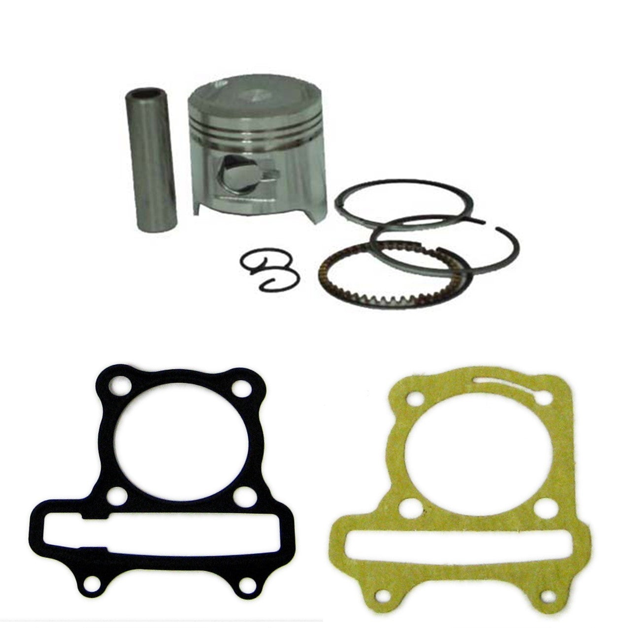ScootsUSA Select - Piston Kit with Head & Base Gasket150cc 4-Stroke GY6-150cc B 57.4 Pin 15 H 38.5 Ctr Pin to Top 19 Mm