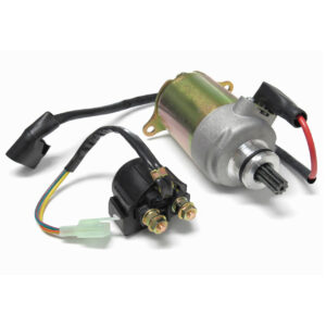 ScootsUSA Select - Starter Motor & Starter Relay (Solenoid) Kit, for Most GY6-125, GY6-150 Chinese ATVs, GoKarts, Scooters Shaft OD 11.5mm Spline 9 Flange 30mm 1 Ring Terminal Bolts C/c 77mm