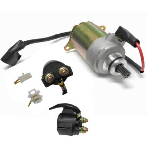 ScootsUSA Select - Starter Motor & Starter Relay (Solenoid) Kit, for Some GY6-150 Chinese ATVs, GoKarts, Scooters Shaft OD 11.5mm Spline 9 Flange 30mm 1 Ring Terminal Bolts C/c 77mm