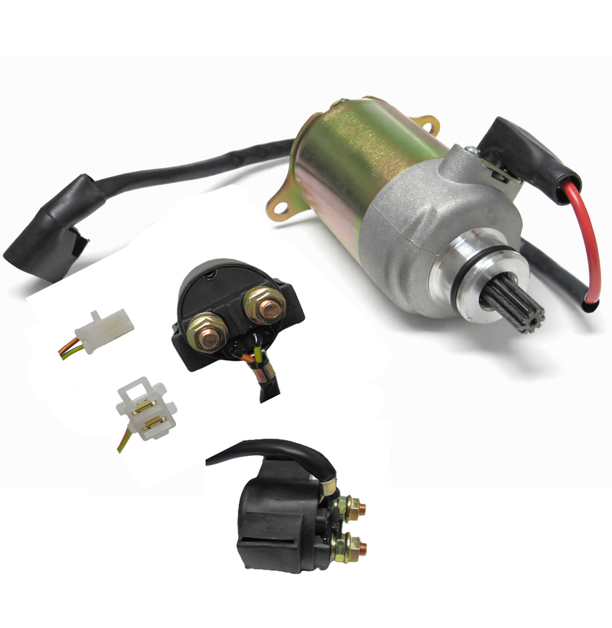 ScootsUSA Select - Starter Motor & Starter Relay (Solenoid) Kit, for Some GY6-150 Chinese ATVs, GoKarts, Scooters Shaft OD 11.5mm Spline 9 Flange 30mm 1 Ring Terminal Bolts C/c 77mm
