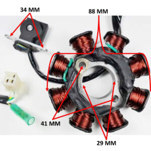 ScootsUSA Select - Stator 49-150cc GY6 for Many Chinese ATVS and Scooters 8 Pole 3 Pin in 4 Pin Jack + 1 Wires OD 88 ID 29 H 28 Bolts C/c 41 Pickup Coil C/c 34