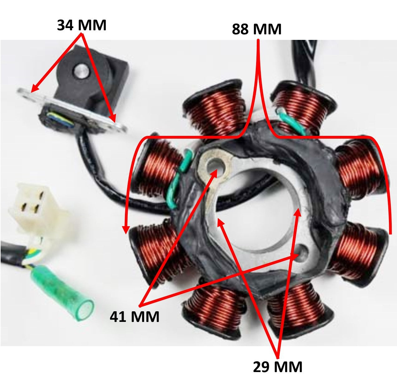ScootsUSA Select - Stator 49-150cc GY6 for Many Chinese ATVS and Scooters 8 Pole 3 Pin in 4 Pin Jack + 1 Wires OD 88 ID 29 H 28 Bolts C/c 41 Pickup Coil C/c 34