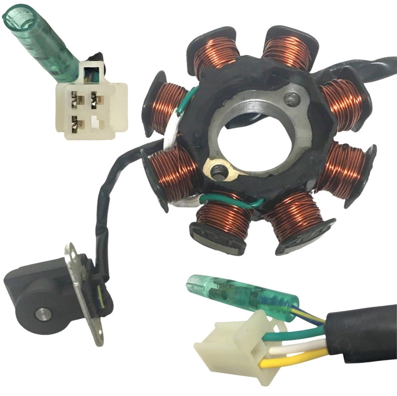 ScootsUSA Select - Stator 49-150cc GY6 for Many Chinese ATVS and Scooters 8 Pole 3 Pin in 4 Pin Jack + 1 Wires OD 88 ID 29 H 28 Bolts C/c 41 Pickup Coil C/c 34 - Image 4