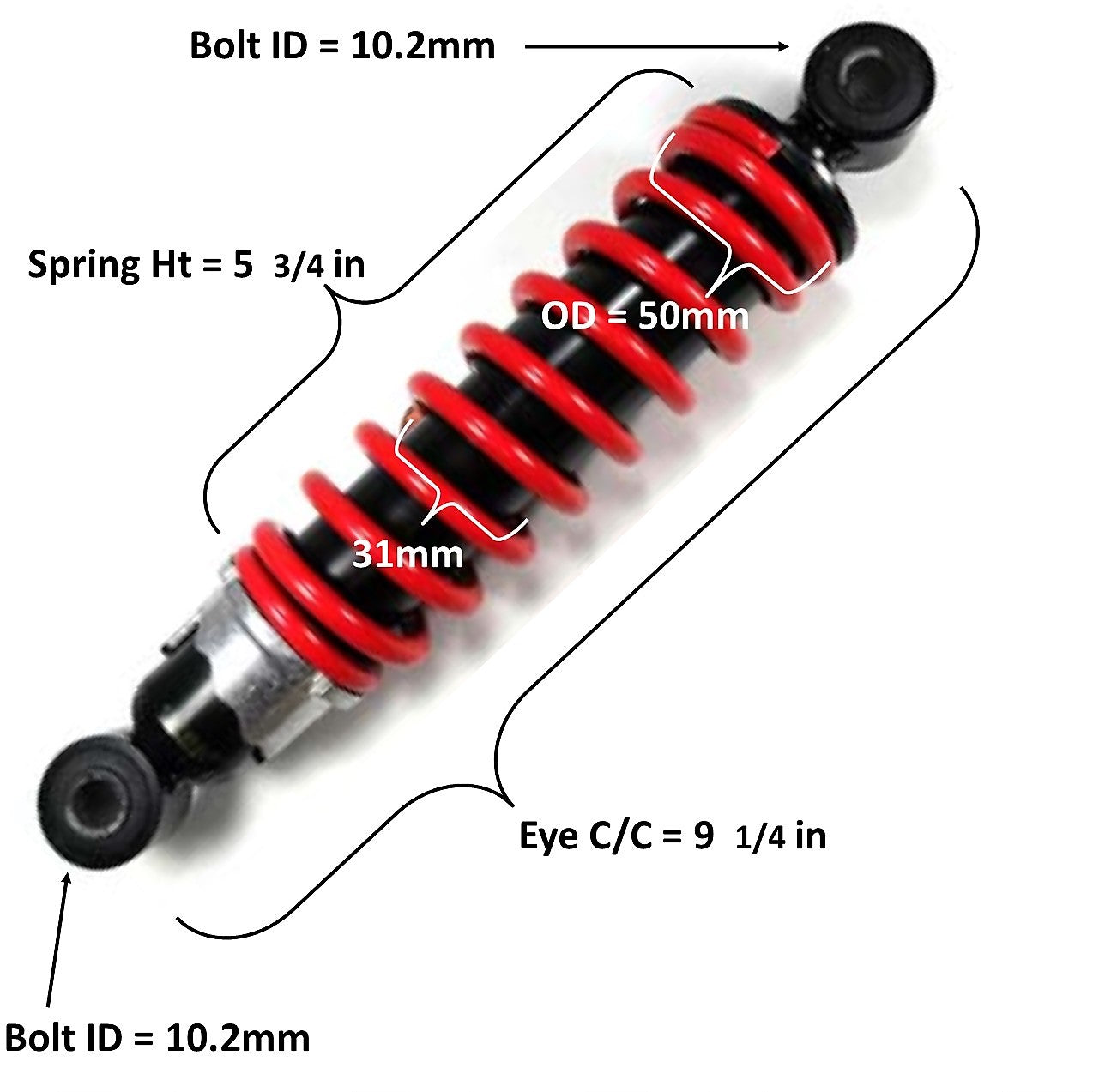 ScootsUSA Select - Rear Shock Eye C/c 9 1/4in Spring Ht 5 3/4in Spring OD 50mm Thickness 31mm Bolt ID Top 10.2mm Bottom 10.2mm