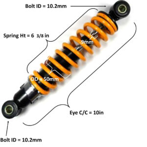 ScootsUSA Select - Rear Shock Eye C/c 10in Spring Ht 6 3/8in Spring OD 50mm Thickness 9mm Bolt ID Top 10.2mm Bottom 10.2mm