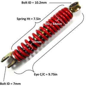 ScootsUSA Select - Rear Shock Eye C/c 9 3/4in Spring Ht 7 1/2in Spring OD 44 Mm Thickness 10mm Bolt ID Top 10.2mm Bottom 7 Mm