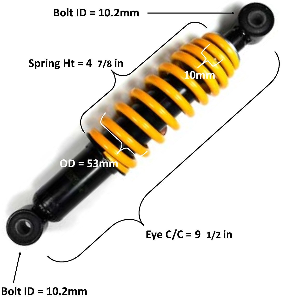 ScootsUSA Select - Rear Shock Eye C/c 9 1/2in Spring Ht 4 7/8in Spring OD 53mm Thickness 10mm Bolt ID Top 10.2mm Bottom 10.2mm