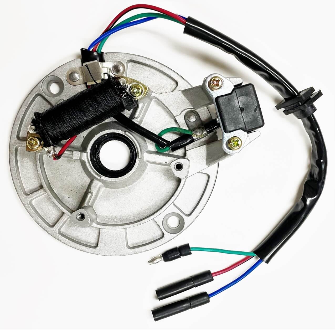 ScootsUSA Select - Stator Assembly for Baja DR70, Many Tomberlin 50,70,90-110cc + Other Dirtbikes & ATVs. 1 Coil, 3 Wires OD 115mm, Bolts C/c 100mm Shaft Seal ID 18mm