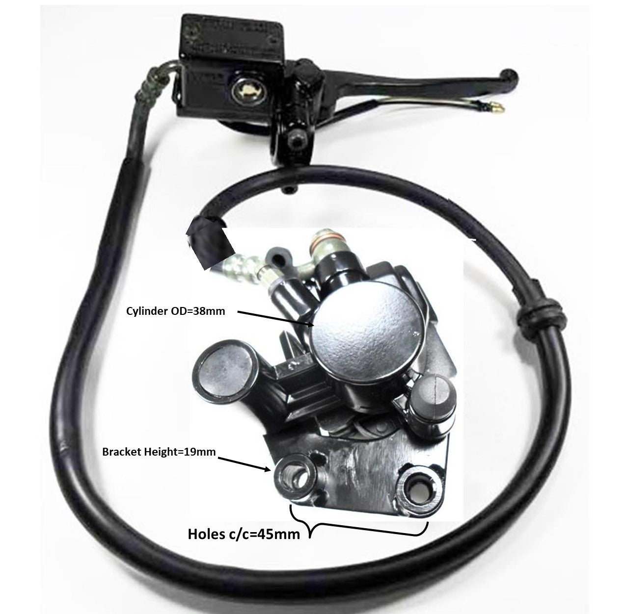 ScootsUSA Select - Front Brake Assembly for 49-150cc Chinese Scooters - Some Mopeds - Line 36in 2 Wires Caliper Bolts C/c 43 L 100 W 70mm