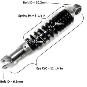 ScootsUSA Select - Rear Shock Eye C/c 11 1/4in Spring Ht 5 7/8in Spring OD 50mm Thickness 10mm Bolt ID Top 10.2mm Bottom 6.9mm