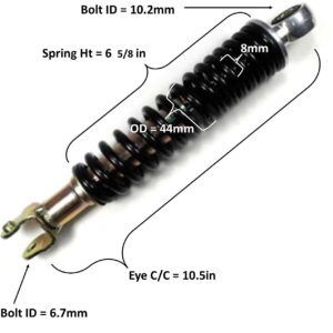 ScootsUSA Select - Rear Shock Eye C/c 10 1/2in Spring Ht 6 5/8in Spring OD 44mm Thickness 8mm Bolt ID Top 10.2mm Bottom 6.7mm