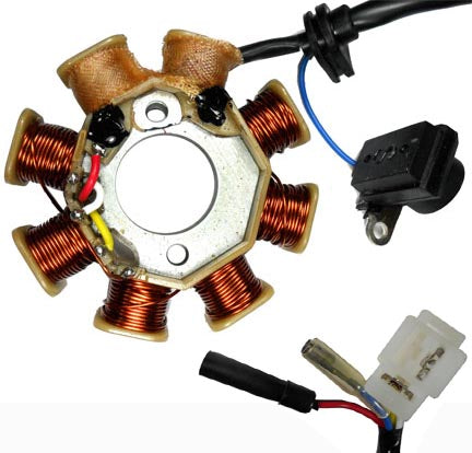 ScootsUSA Select - Stator 49-150cc GY6 for Many ATVs, GoKarts, Scooters 8 Coils 2 Pin in 3 Pin Jack + 2 Wires Pickup Coil C/c 34mm Bolt Mounting C/c 41mm