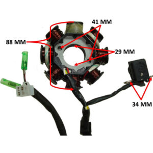 ScootsUSA Select - Stator 49-150cc GY6 for Many Chinese ATV, GoKarts, Scooters 8 Coils 3 Pin in 4 Pin Jack + 2 Wires OD 88 ID 29 H 28 Bolts C/c 41 Pickup Coil C/c 34