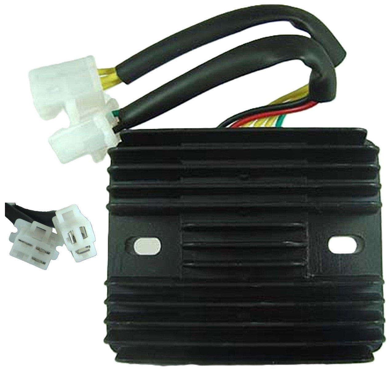 ScootsUSA Select - Voltage Regulator Rectifier 200-300cc Chinese ATVs, GoKarts, Scooters 3 Pin in 3 Pin Jack + Pins in 4 Jack 110x85, Bolts Ctr to Ctr 80mm