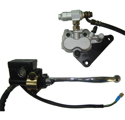ScootsUSA Select - Front Brake Assembly for Many Chinese Scooters Brake Line L 45" 2 Wire Switch Caliper Holes 84mm Ctr to Ctr Caliper L 95mm W 70mm