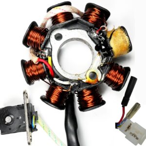 ScootsUSA Select - Stator 49-150cc 4 Stroke for Many Chinese ATV, GoKarts, Scooters 8 Coil 2 Pin in 3 Pin Jack + 2 Wires 1 Pole Wrapped Pickup Coil C/c 34 Bolt Mounting C/c 41mm