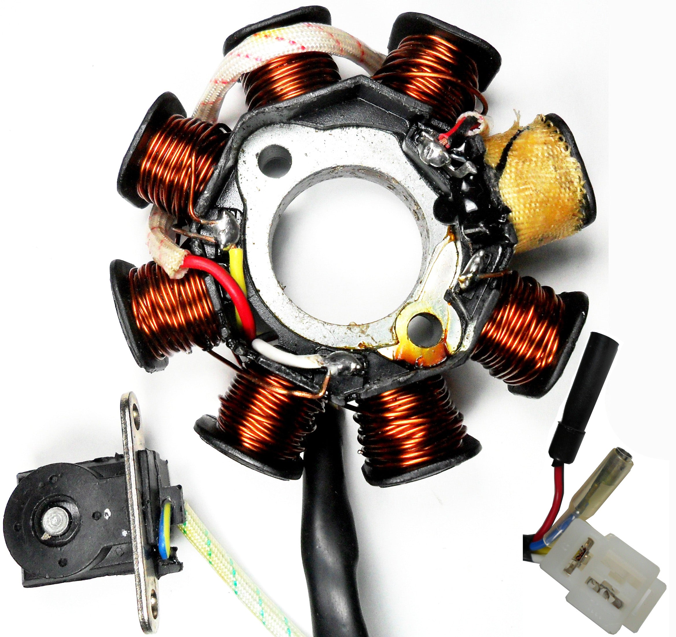 ScootsUSA Select - Stator 49-150cc 4 Stroke for Many Chinese ATV, GoKarts, Scooters 8 Coil 2 Pin in 3 Pin Jack + 2 Wires 1 Pole Wrapped Pickup Coil C/c 34 Bolt Mounting C/c 41mm