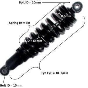 ScootsUSA Select - Rear Shock Eye C/c 10 5/8 Spring Ht 6in Spring OD 65mm Thickness 8.6mm Bolt ID Top 10 Bottom for Many 125-250cc ATVS