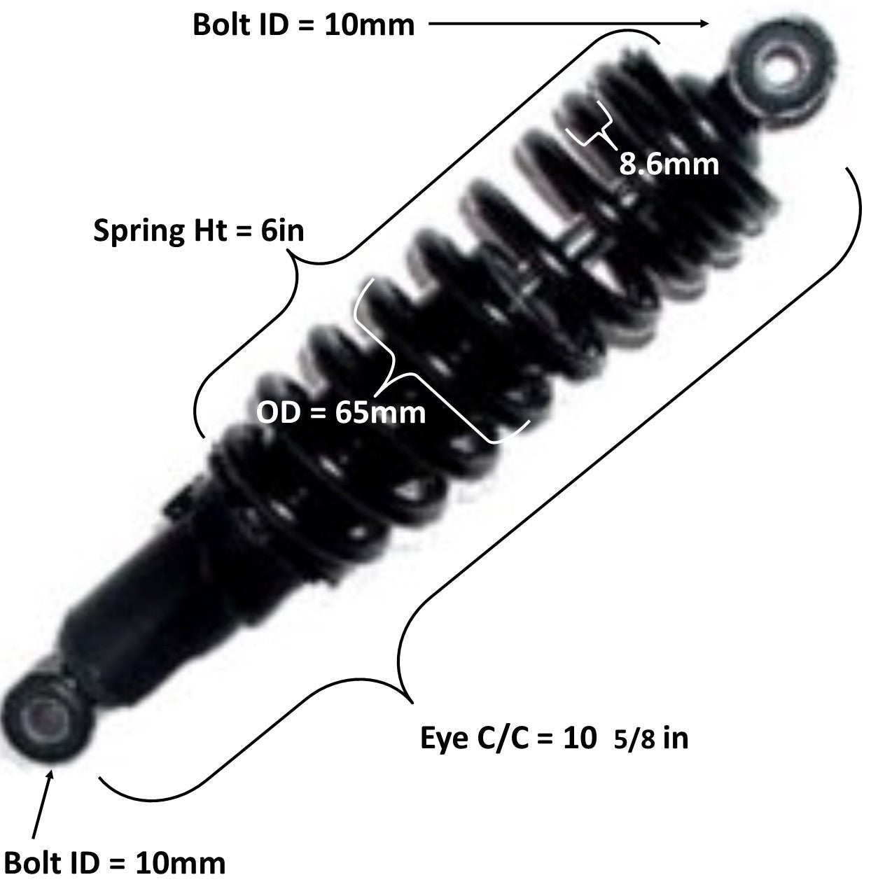 ScootsUSA Select - Rear Shock Eye C/c 10 5/8 Spring Ht 6in Spring OD 65mm Thickness 8.6mm Bolt ID Top 10 Bottom for Many 125-250cc ATVS