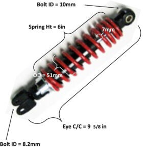 ScootsUSA Select - Rear Shock Eye C/c 9 5/8in Spring Ht 6in Spring OD 51mm Thickness 7mm Bolt ID Top 10 Bottom 8.2mm
