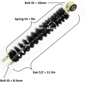 ScootsUSA Select - Rear Shock Eye C/c 11 1/2in Spring Ht 9in Spring OD 44mm Thickness 8mm Bolt ID Top 10 Bottom 8.5mm