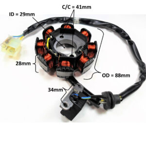 ScootsUSA Select - Stator 49-150cc 4 Stroke for E-Ton Sport 50, Tomos Nitro 50, 49cc Scooters. 8 Coil 2 Pin in 3 Pin Jack + 1 Wire OD 88 ID 29 H 28 Bolts C/c 41 Pickup Coil C/c 34