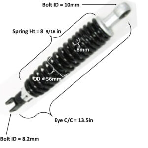 ScootsUSA Select - Rear Shock Eye C/c 13 1/2in Spring Ht 8 9/16in Spring OD 56mm Thickness 8mm for E-Ton Sport 50, Tomos Nitro 50, 49cc Scooters Bolt ID Top 10 Bottom 8.2mm