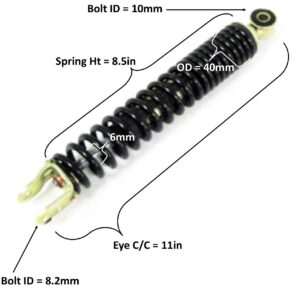 ScootsUSA Select - Rear Shock Eye C/c 11in Spring Ht 8 1/2in Spring OD 40mm Thickness 6mm Bolt ID Top 10 Bottom 8.2mm