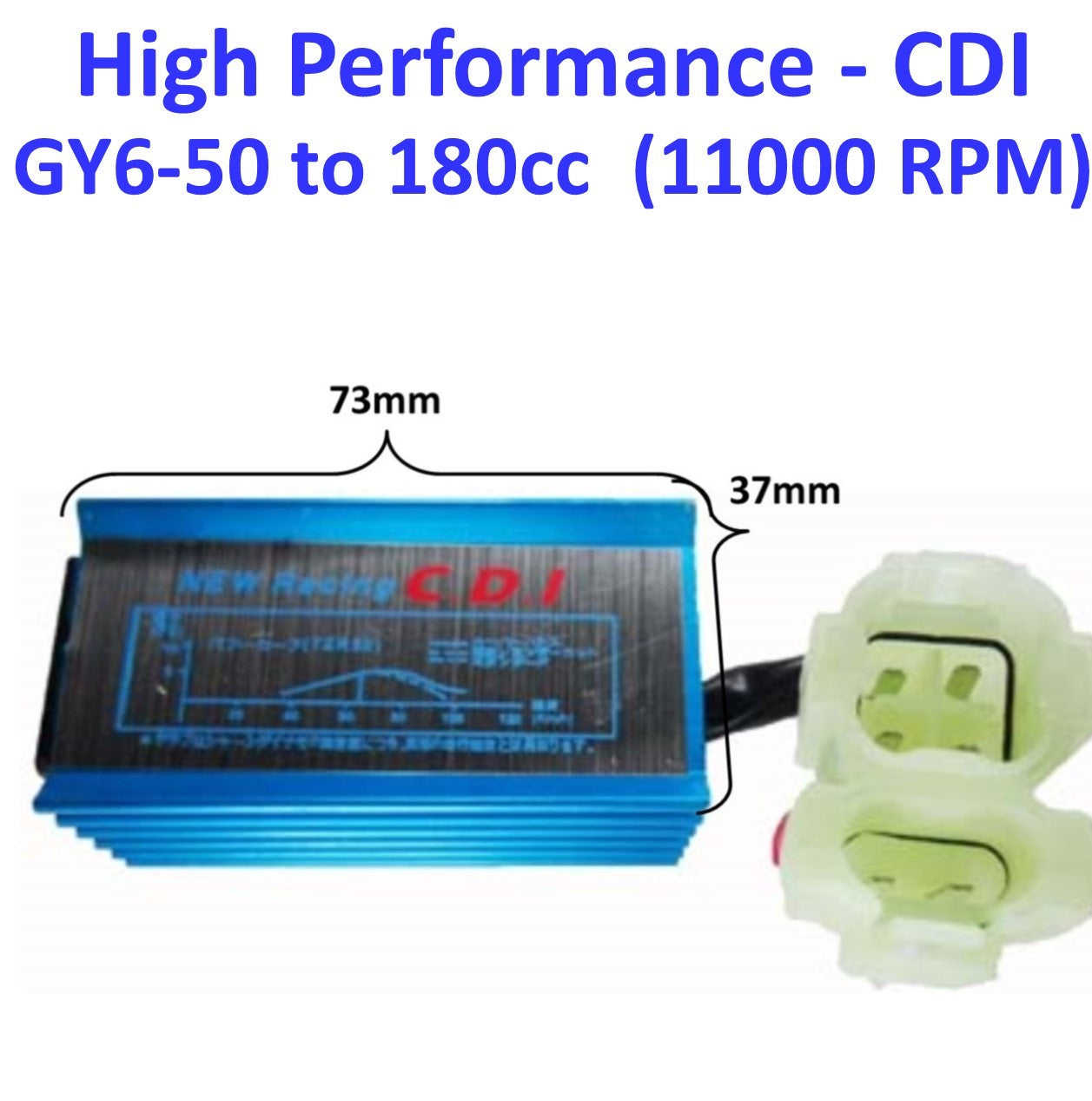 ScootsUSA Select - High Performance CDI Box (AC) GY6-50cc 11000 Rpm 28deg Angle 2 Plug, 6 Pin 73mm X 37mm