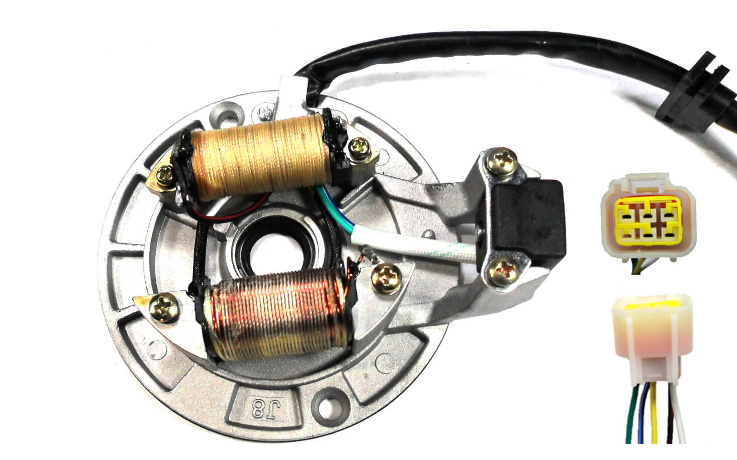 ScootsUSA Select - Stator 2 Coil W/ Base Plate 5 Pin in 6 Pin FM Jack (Base Plate OD 114mm)