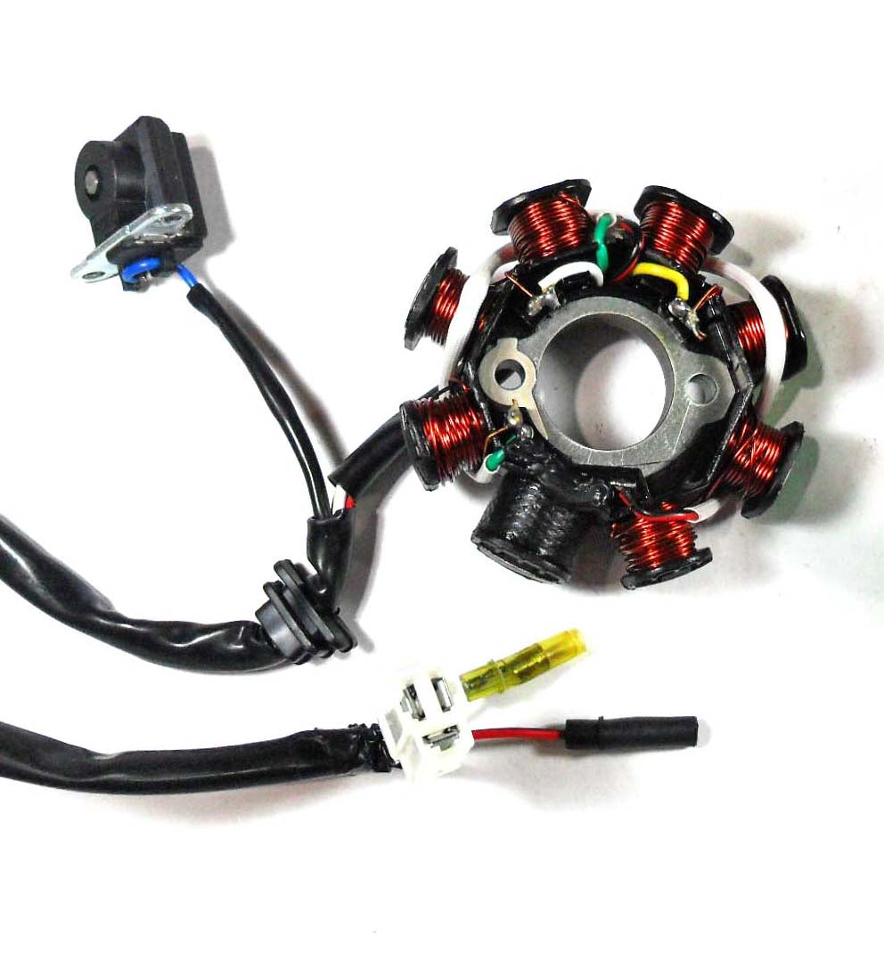 ScootsUSA Select - Stator 49-150cc 4 Stroke for Many Chinese ATVs, GoKarts, Scooters 8 Coil 3 Pin in 3 Pin Jack + 2 Wires Bolt C/c 42mm, Pick Up Coil Mounting C/c 34mm, ID 29mm, OD 88mm
