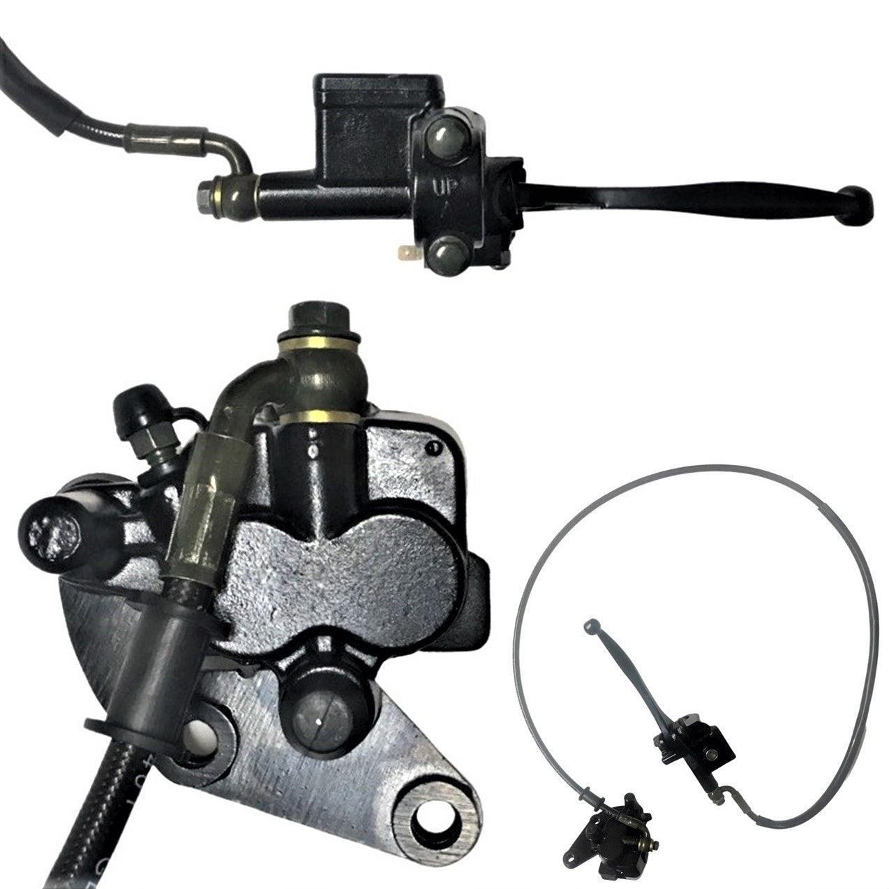 ScootsUSA Select - Front Brake Assembly, for Many Chinese Scooters & Dirtbikes , Brake Line L 46", Caliper Holes 46mm Ctr to Ctr , Caliper L 54mm W 50mm