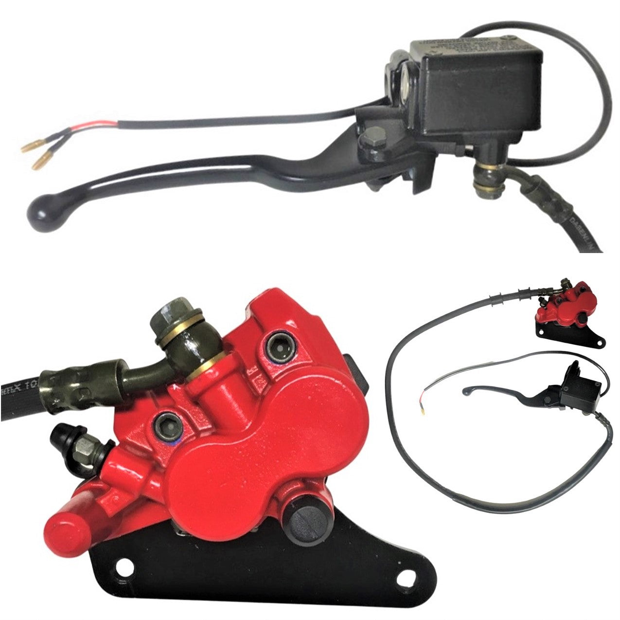 ScootsUSA Select - Front Brake Assembly for Many Scooters & DirtBikes Caliper Bolts C/c 96mm, Line Length 41in, 2 Bullet Connectors for Brake Switch